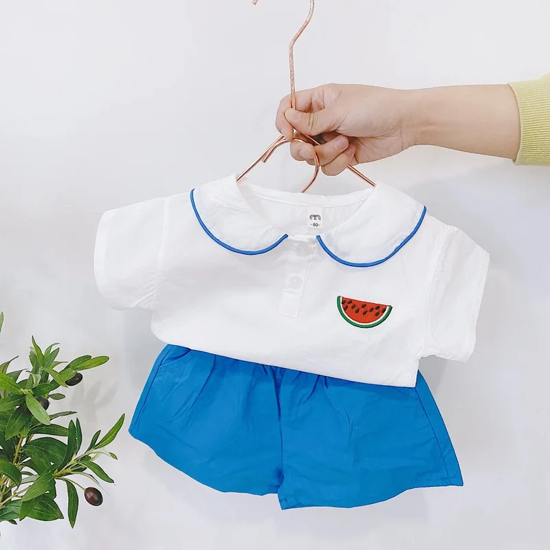 Летние Детские комплекты одежды с вышивкой фруктов футболка коротким рукавом и