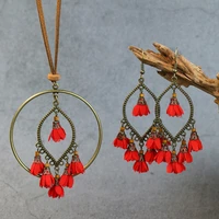 summer tassel flower pink earring necklace set 2021 womens bohemian ethnic handmade earrings necklace set party