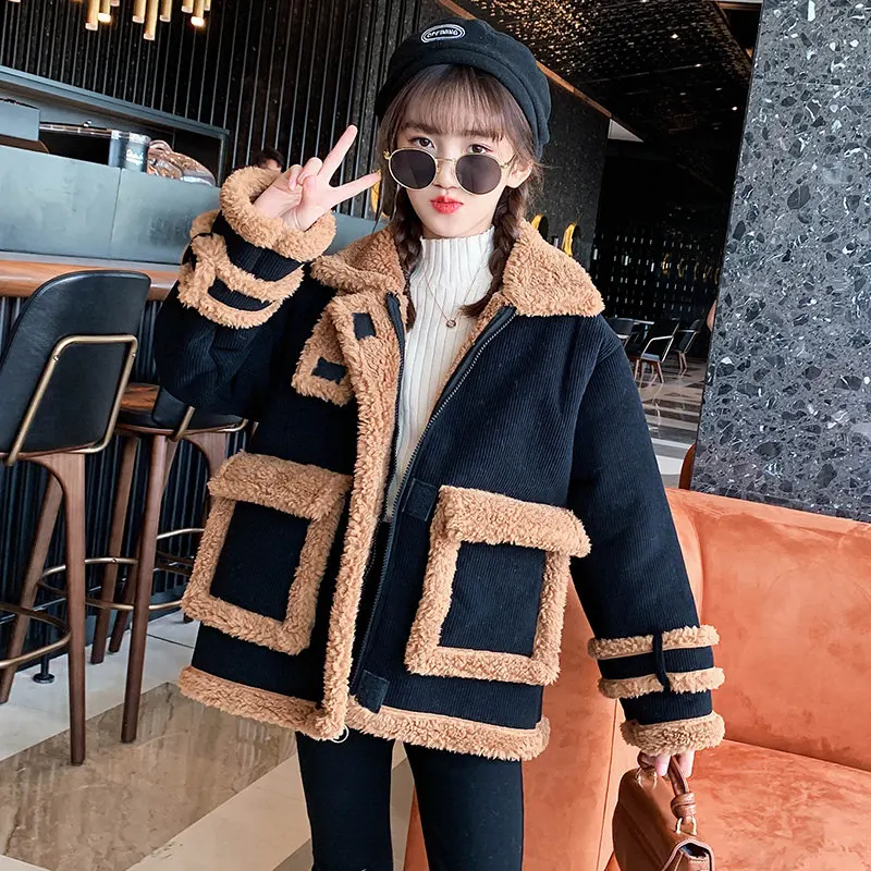

Teen Girls Wool Blends Warm Cashmere Outdoor Outerwear 2021 Winter Thicken Black Color Casual Jacket Children Clothing 5-14Years