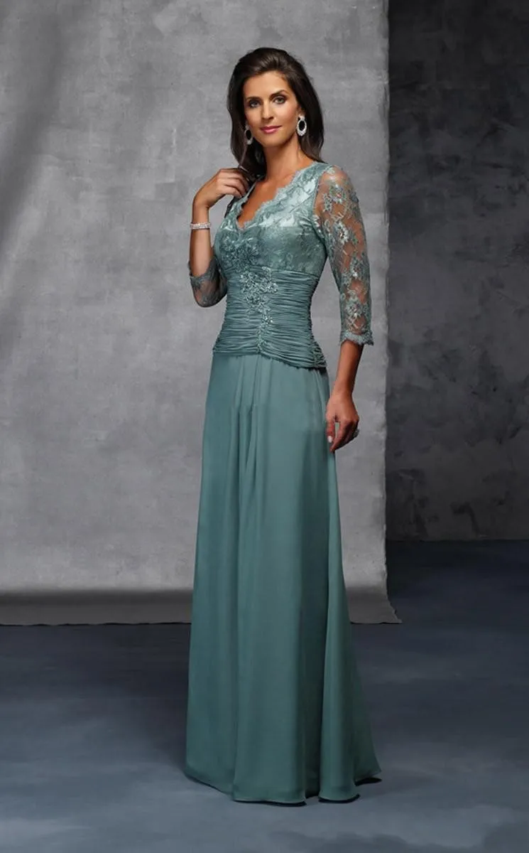 Женское длинное свадебное шифоновое платье с кружевом рукавом 3/4 и V образным