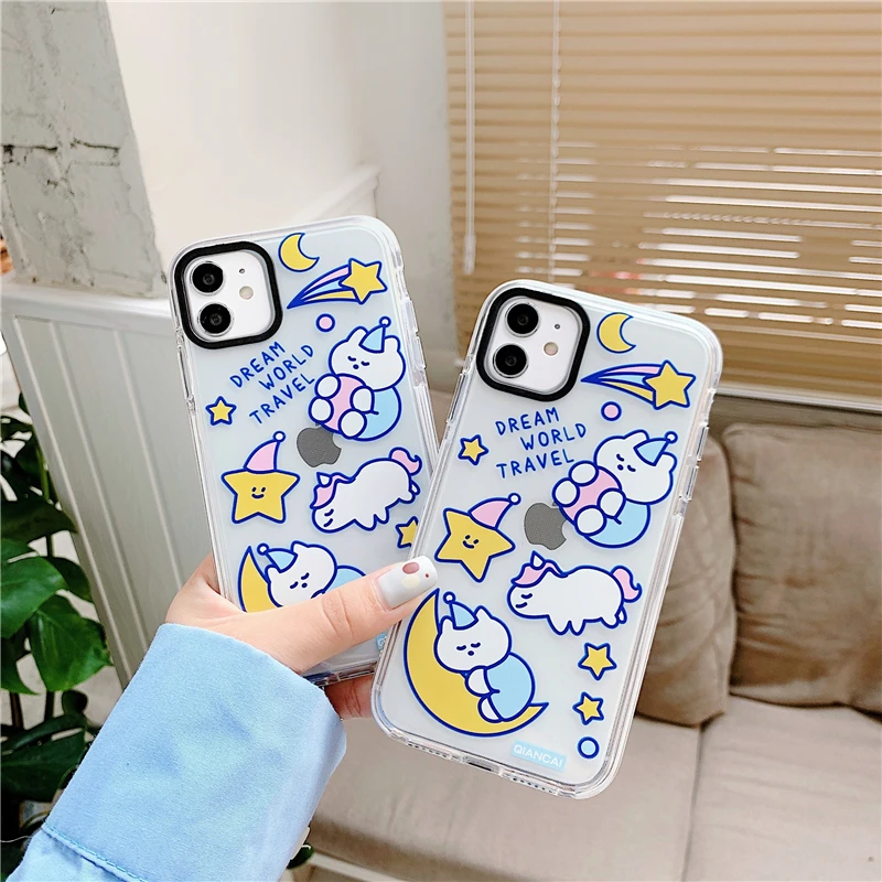

Cute Cartoon Unicorn Phone Cases For iPhone 12 Mini 11 Pro XS MAX X XR 7 8 Plus SE 2020 Clear Double Color Soft Tpu Cover Fundas