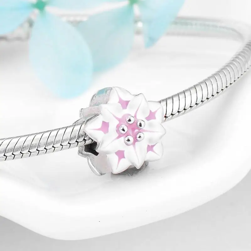 Женские эмалевые бусины из серебра 925 пробы с розовыми и белыми цветами вишни