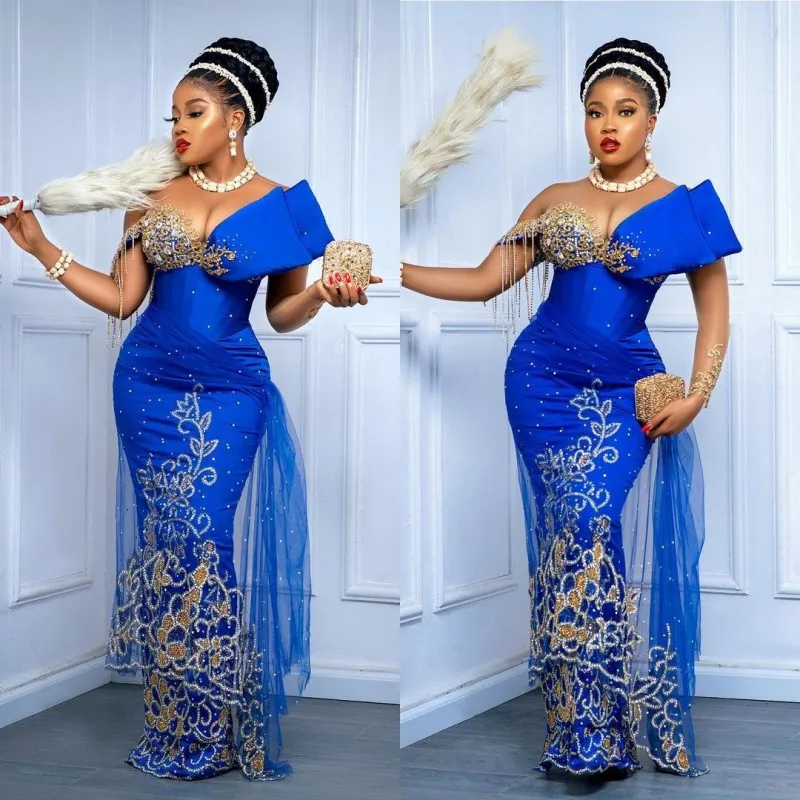 

Royal Blue African Mermaid Prom Dresses For Black Girls Major Beadings Evening Dress Tasseles One Shouder Gowns robe de soirée