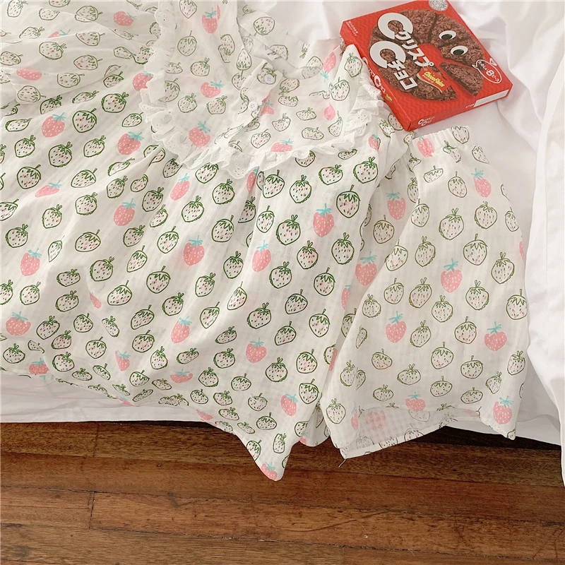 

Harajpee Strawberry Printed Pajamas Ins Sweet Lace Cotton Hemp Pajama Summer Short Sleeve Shorts Home Wear Two Piece Suit Thin