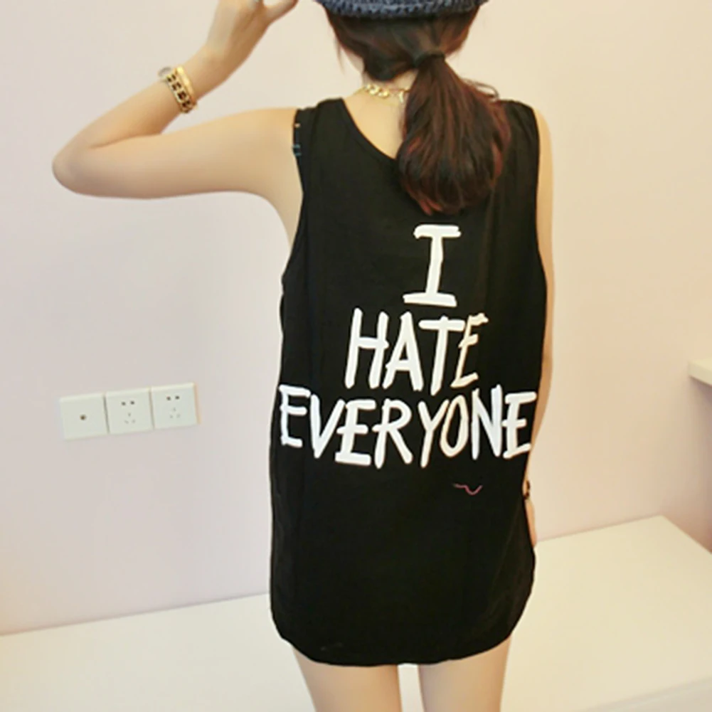 Hot I HATE EVERYONE Letter Printed Solid Color Vest Sleeveless O Neck Tank Top Sexy Femme For Women | Женская одежда