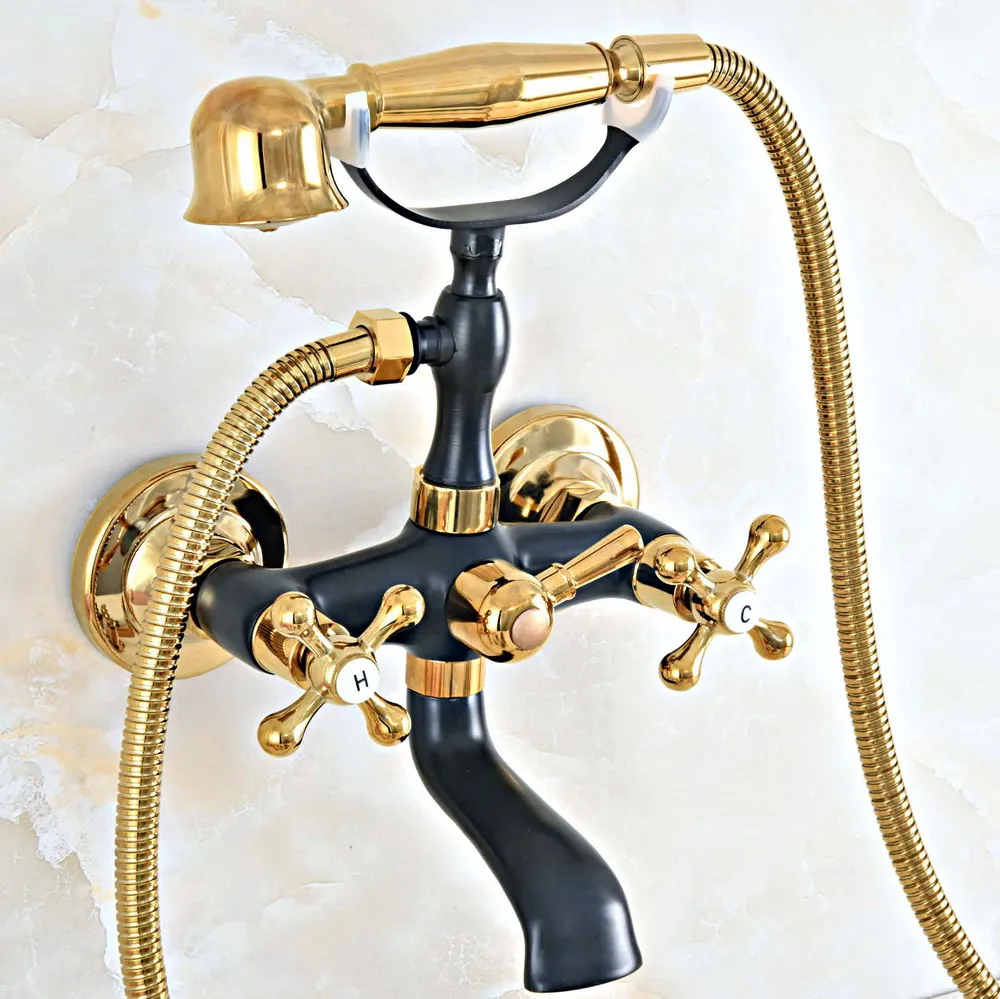 

Black Gold Color Brass Wall Mount Bathroom Tub Faucet Dual Cross Handles Telephone Style Hand Shower Clawfoot Tub Filler ana464