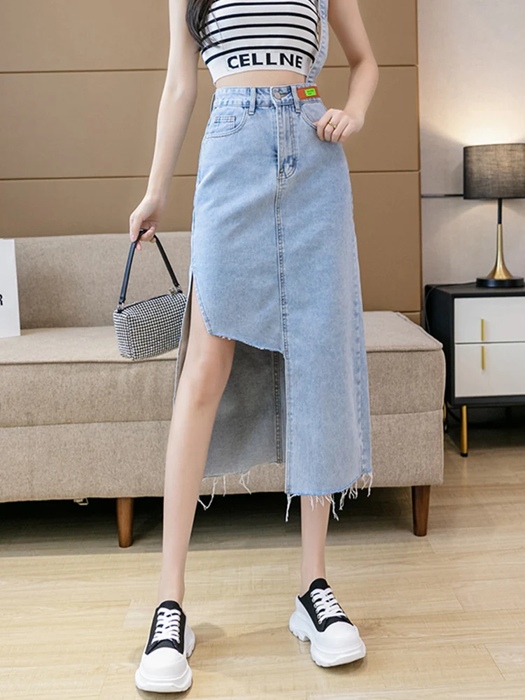 

Синяя джинсовая юбка, летнее платье средней длины, женский дизайн, Боковой разрез, тонкая трапециевидная юбка, юбка с завышенной талией