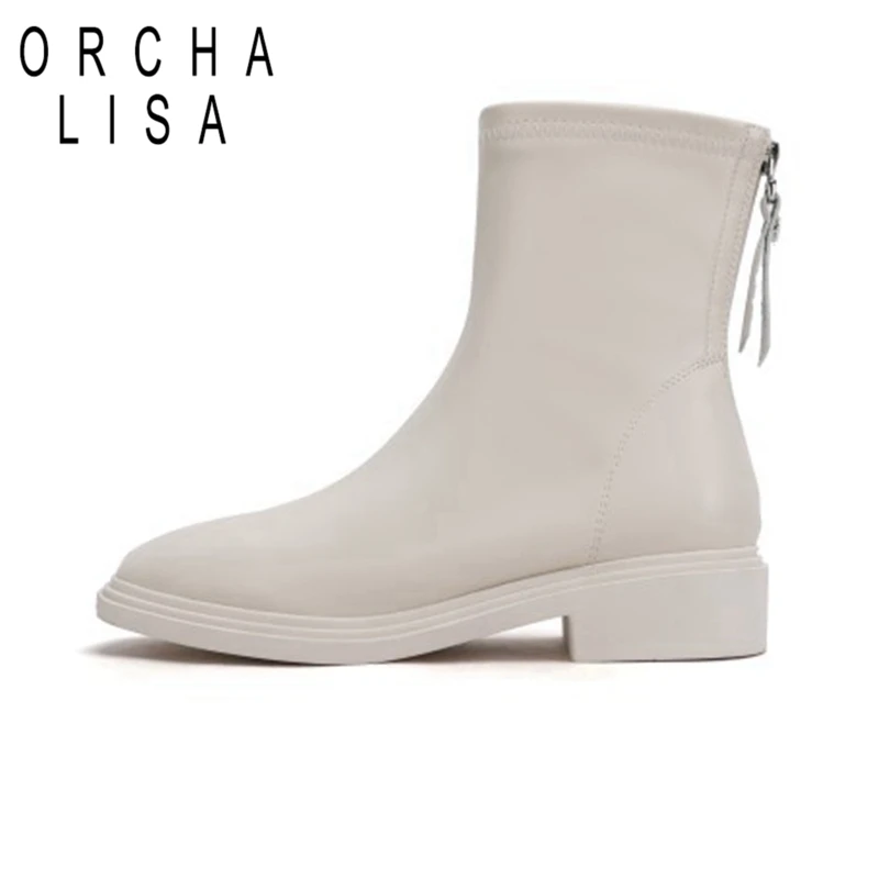 

ORCHALISA Women Shoes Boots Ankle 2021 Autumn British Wind Genuine Leather Thick With Fur Ladies Short Boots Motorcycle Zipper
