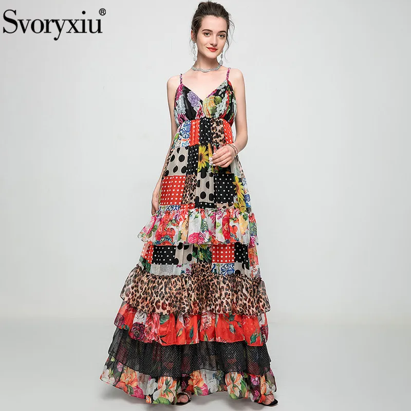 

Женское платье макси на тонких бретелях Svoryxiu, разноцветное длинное платье с v-образным вырезом и цветочным принтом