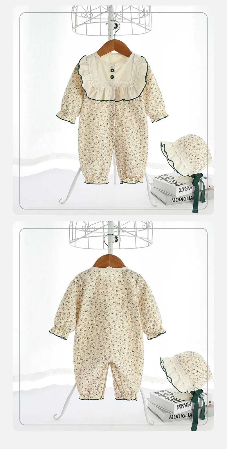 

2021korean Autumn Spring Baby Newborn Long Sleeve Jumpsuit Girls Romper+hat Cotton Toddler Floral Ruffles Infant Sweet Jumpsuits