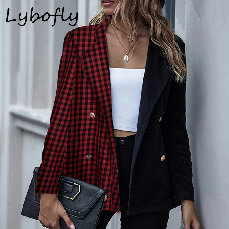 Женский двубортный блейзер в клетку офисный с длинным рукавом верхняя одежда