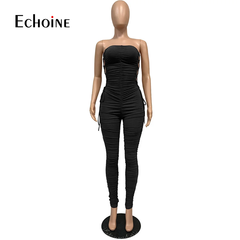 

Echoine Women Sexy Solid Ruched Lace Up Drawstring Party Club Romper Off Shoulder Open Back Bodycong Jumpsuit Streetwear Outfits