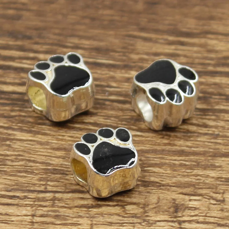 6pcs 11x7x11mm Dog Bear Cat Paw 5mm Big Hole Bead Charm Fits Bright Silver Color Drop Oil Fit European Bracelets Wholesale images - 6