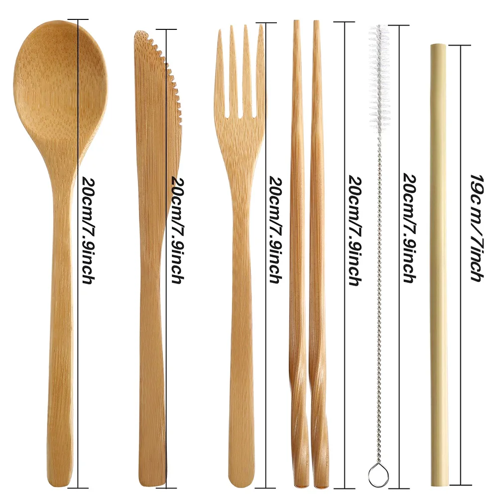 

Wooden Cutlery Set With Cloth Pack Gift Portable Dinner Set Travel Dinnerware Suit 6pcs/Set Friendly Bamboo Portable Tableware