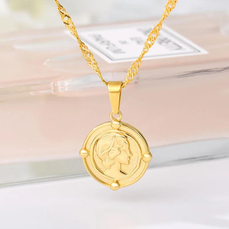 Ретро монета с портретом кулон ожерелье для женщин Золотой Серебряный цвет