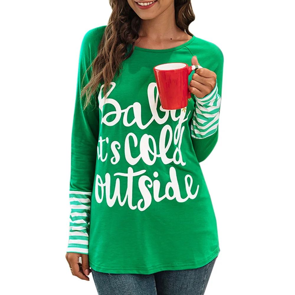 2019 Letter Printted Women Blouses Christmas Snowflake Tops Long Sleeve Stripe Pactwork O Neck Casual Blusas Femininas |