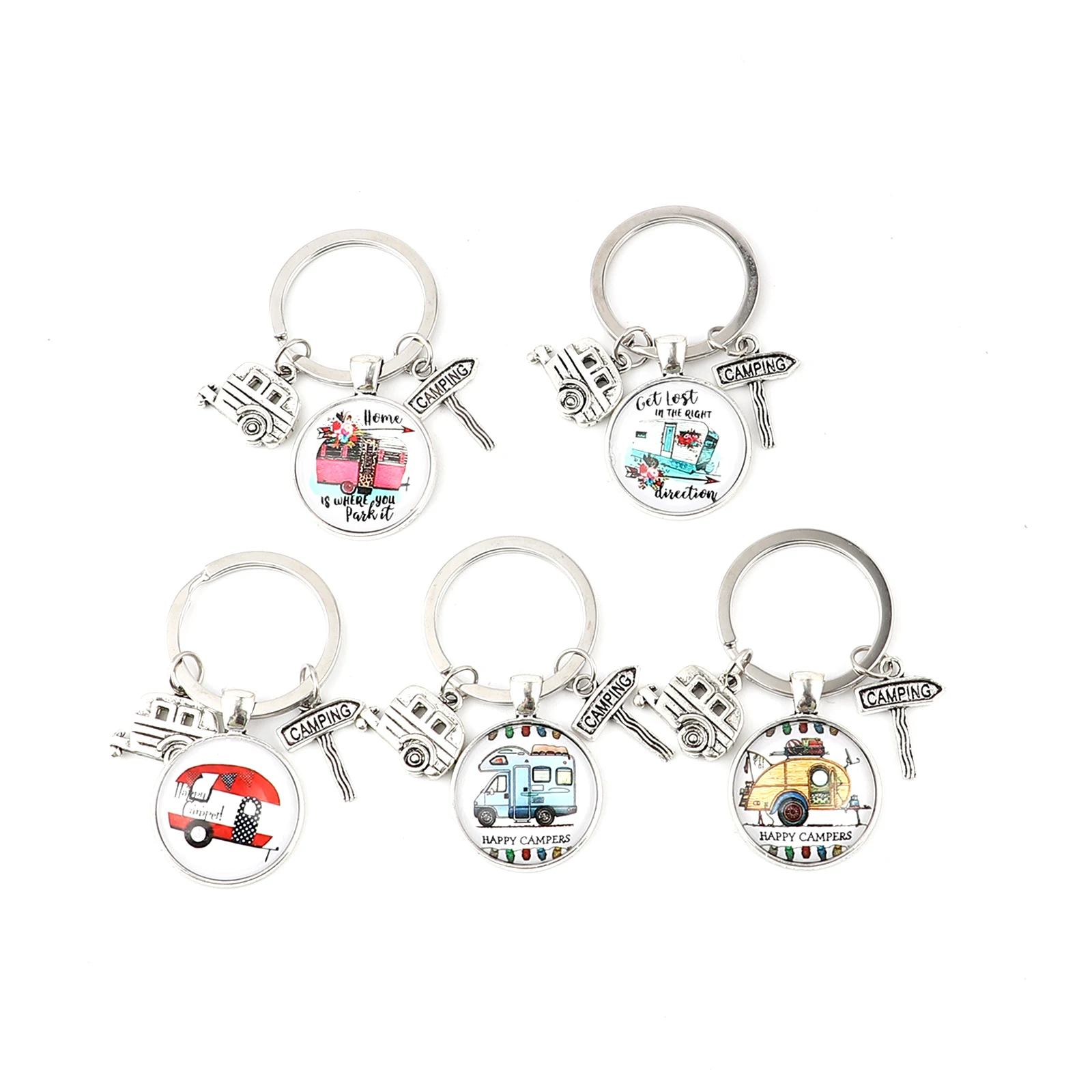 

DoreenBeads Creative Keychain Antique Silver Color Round Car Message"CAMPING" Charms 63mm Keyring For Women Key Bag Jewelry,5PCs