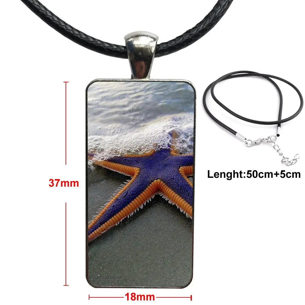 

For Girls Vintage Jewelry Steel Color Glass Cabochon Choker Pendant Long Rectangle Necklace Beach Starfish Cool Shell On The Sea