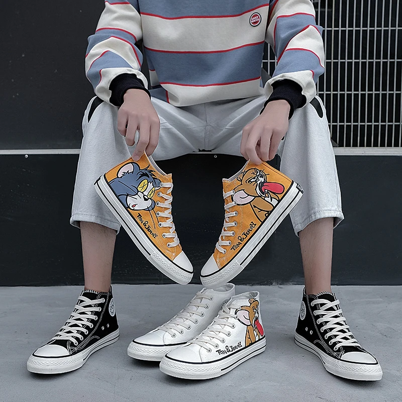 

Men Shoes 2021 Cartoon Print Canvas Zapato Fashion Casual Vulcanized Sneakers Platform High-Top Lace-Up Zapatillas Hombre A2
