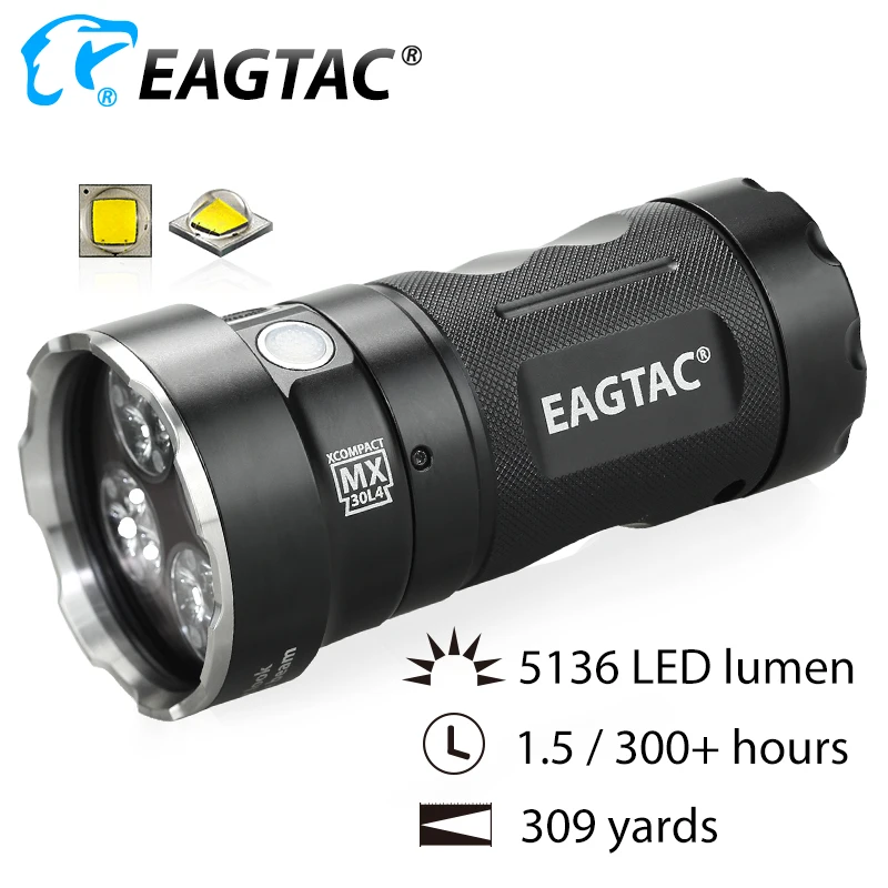 EAGTAC MX30L4XC Kit Extra Compact LED Flashlight Stainless Steel Bezel 4*18650 Battery 5136 Lumens 6500K Nichia 219C CRI92