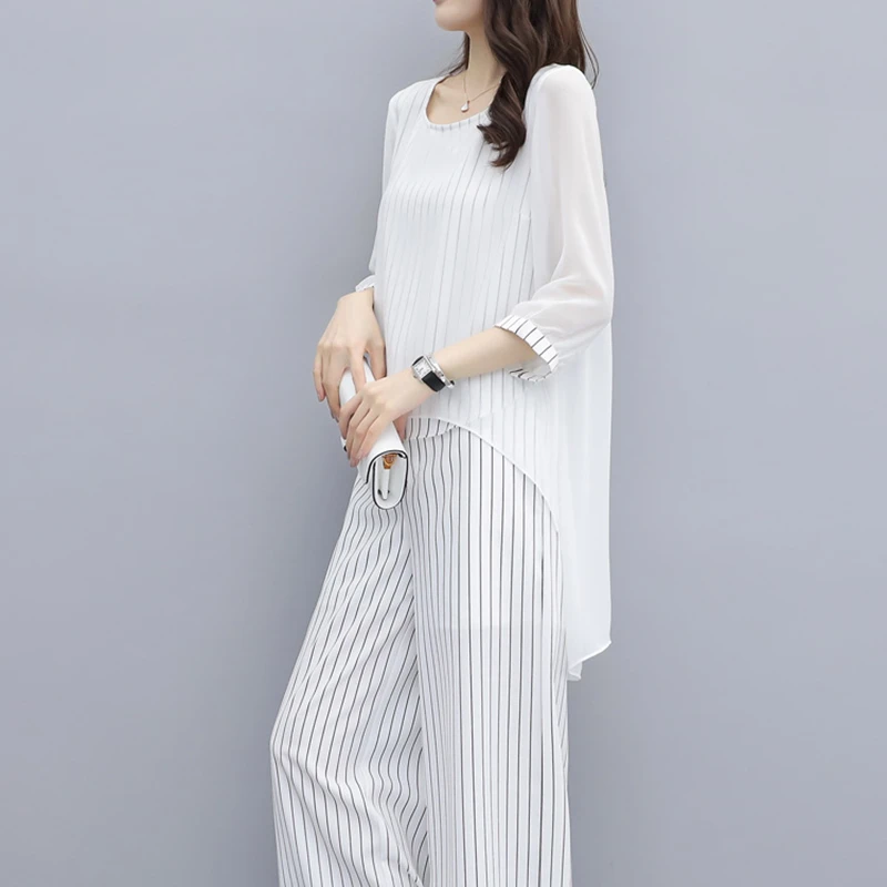 Женский комплект из 2 предметов шифоновая блузка и брюки в полоску с эластичным