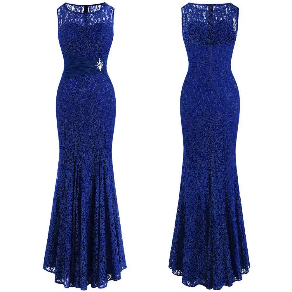 Royal blue Женское вечер. платье с кружевами Angel-Fashions, сине-зеленое облегающее вечернее платье, расшитое кружевами и бисером, с украшением в виде цветка на поясе, модель 418 - Цвет: Royal blue
