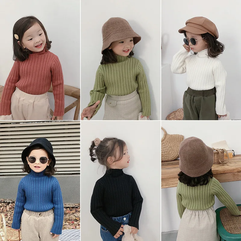 Детский Однотонный свитер с длинными рукавами и высоким воротником для