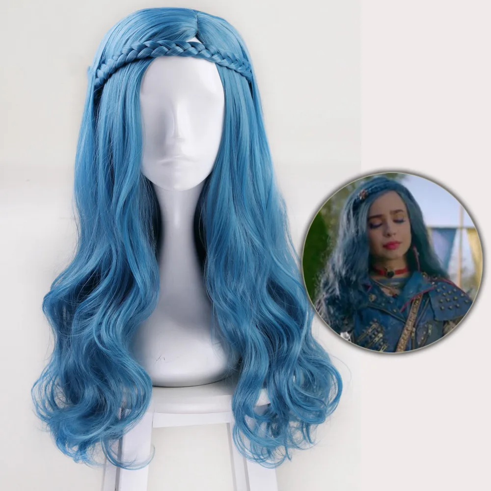 

60cm Descendants 2 Blue Long Wavy Wig Cosplay Costume Women Synthetic Hair Party Role Play Wigs + Wig Cap
