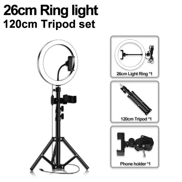 26cm type 120cm Светодиодный кольцевой светильник 16/20/26 см 5600K 64 светодиодный s селфи кольцо для фотосъемки с лампами светильник ing с штатив с держателем для телефона и usb-разъем для студийной фотосъемки - Цвет: 26cm type 120cm