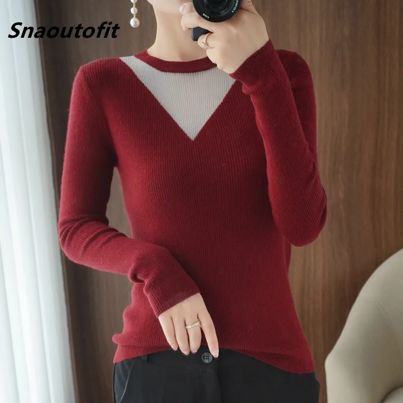 

Snaoutofit Spring Round Thin Neck Woolen Sweater Women's Self-Cultivation Inner Long-Sleeved Knitted Bottoming Shirt Net Yarn