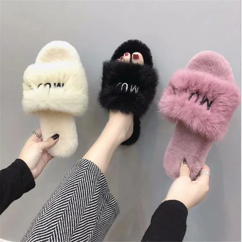 

2019 Winter Women Rabbit Hair Plush Shoes Home Fluffy Slippers with Letters Warm Flat Casual Indoor Shoes Women Slides