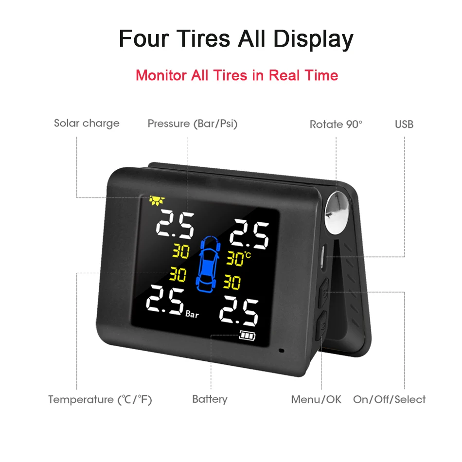 Threesome TPMS Black Auto Wireless Solar Power Charge tpms Tire Pressure Alarm Monitoring System 4 Built-in or External Sensor | Автомобили