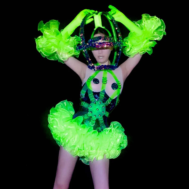 

Комплект одежды на день рождения, женские костюмы для сценических танцев, одежда для диджея, выпускного вечера, комбинезон флуоресцентных ц...