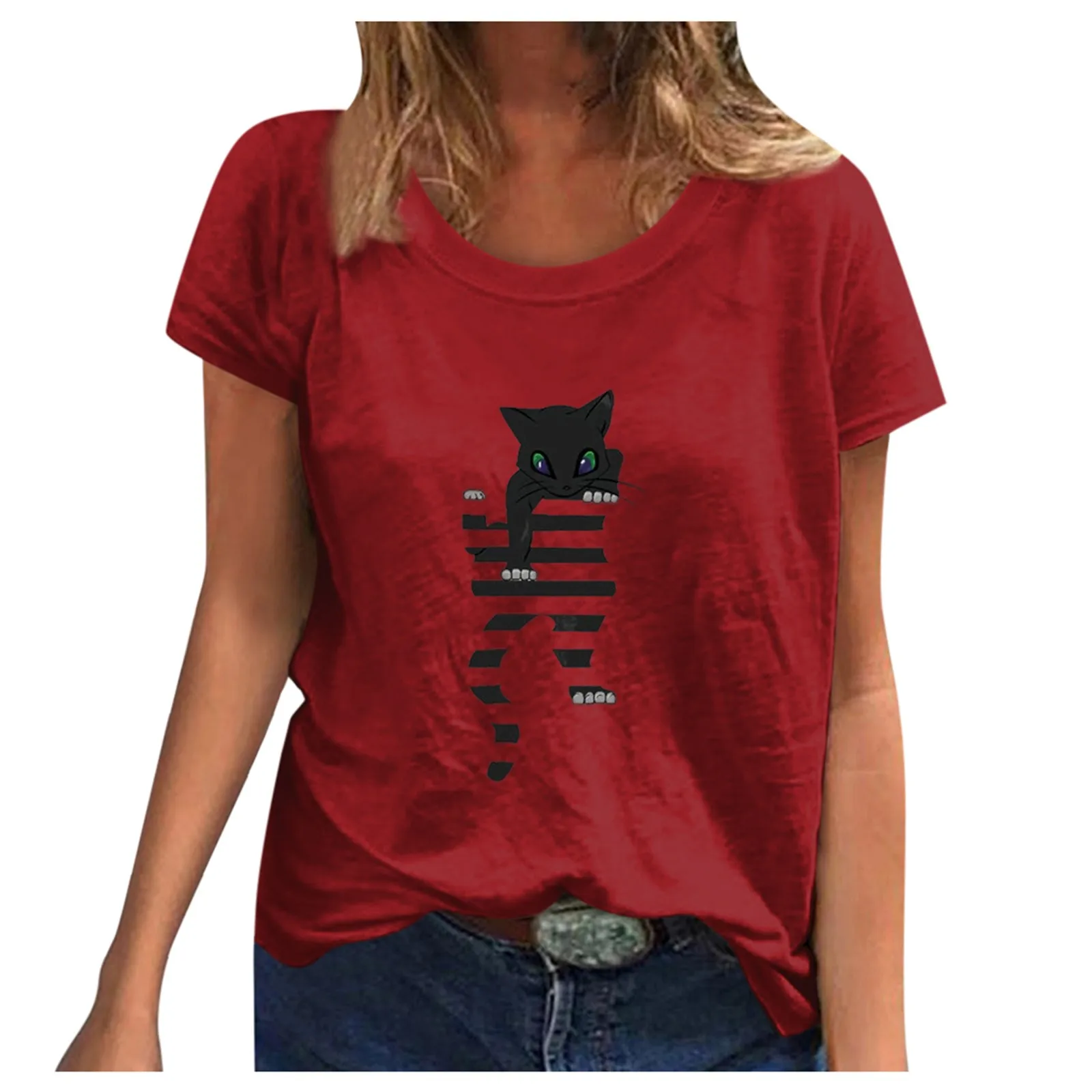 

2021 Woman Tshirts Tops Fashion Cat Printed Loose-fitting Casual Short Sleeve O-Neck Top Shirt Solid T-Shirt q5