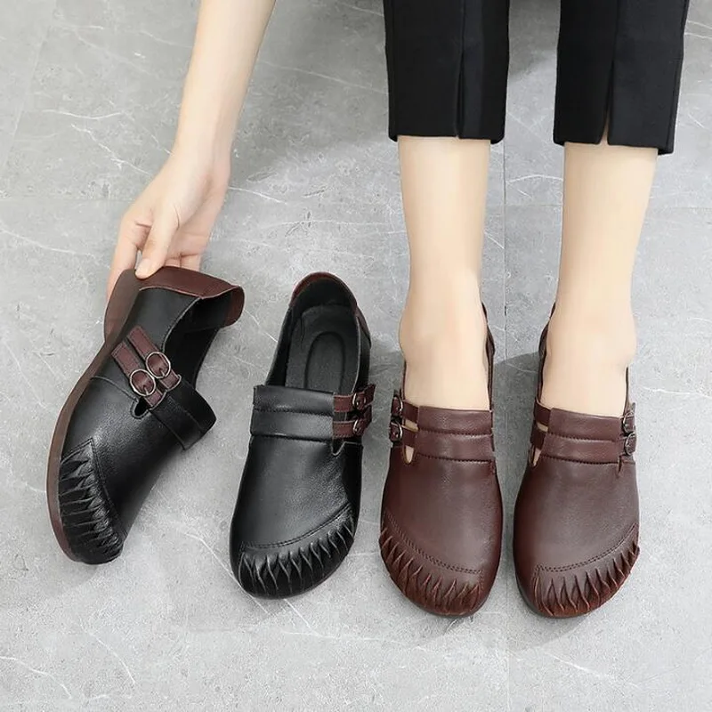 2020 Autumn Women Flat Shoes Genuine Leather Loafers Fashion Comfortable Driving Shoes Ventilation Casual Flats Mom Shoe