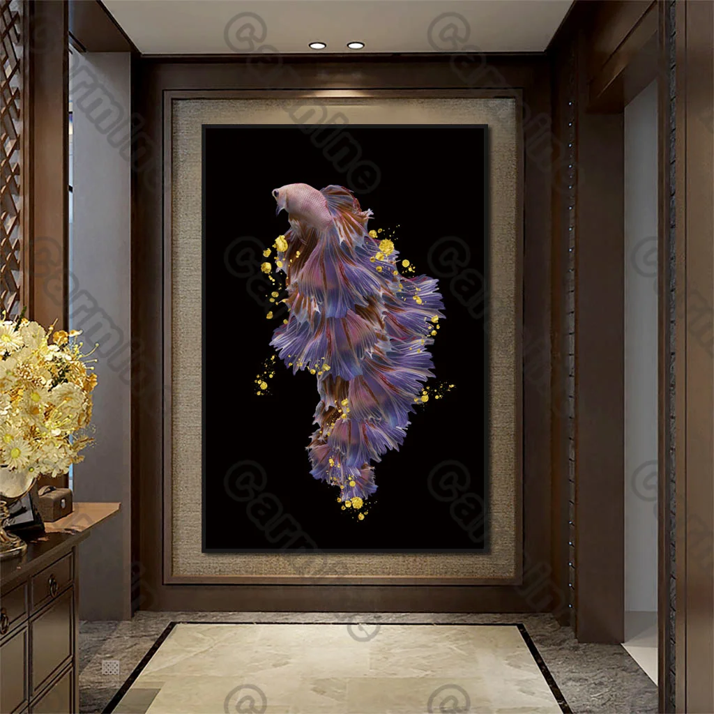 

Poster Purple Fish Animal Yellow Canvas Painting Wall Art Nature Home Decoration for Living Room and Bedroom Frameless Style
