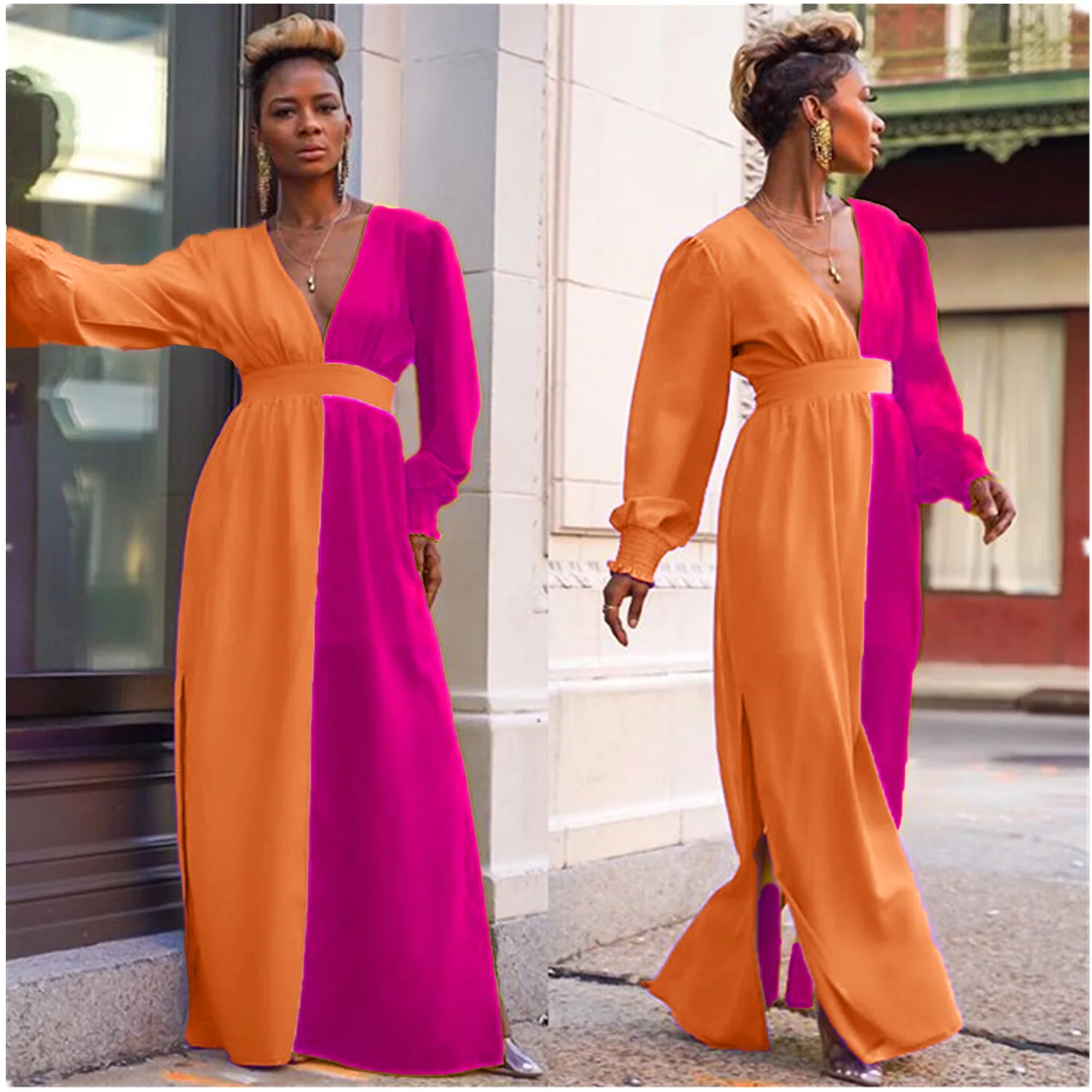 Платье-Макси женское с разрезом сбоку V-образным вырезом и длинным рукавом |