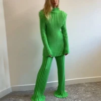 green knitted pullovers 2021 winter pants suit sweater two pieces set solid knit shoulder pad top fashion casual autumn homewear