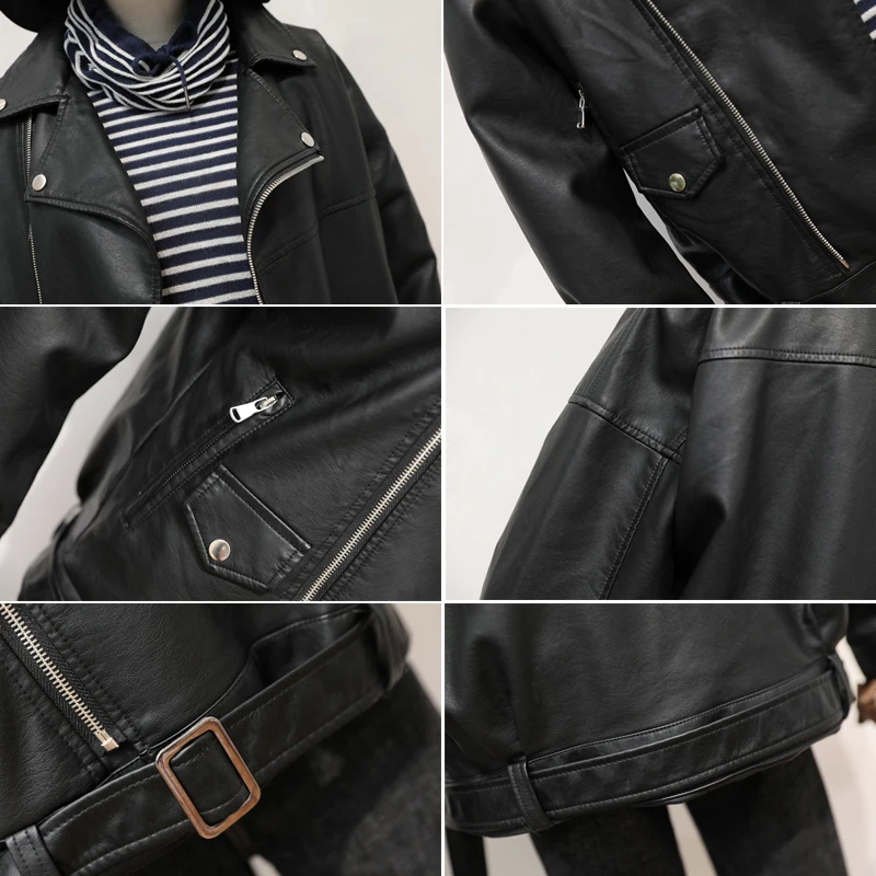 

Autumn Turndown Collar Faux Soft Leather Jacket Coat Beige With Belt Women Punk Streetwear Loose Pu Motorcycle Zipper Jacket