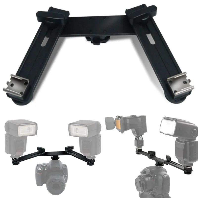 Double Hotshoe Mounting Dual Hot Shoe Bracket For Camera Video Twin Speed Light Flash Holder Stand for DSLR Cameras Macro Shoot