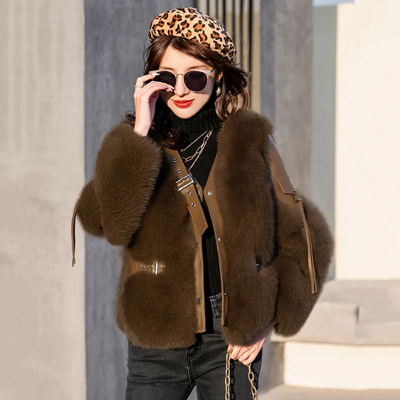 Новинка 2022, куртка из цельного меха лисы, женская модная свободная Милая Короткая парка, пальто, верхняя одежда, женское утолщенное теплое меховое пальто