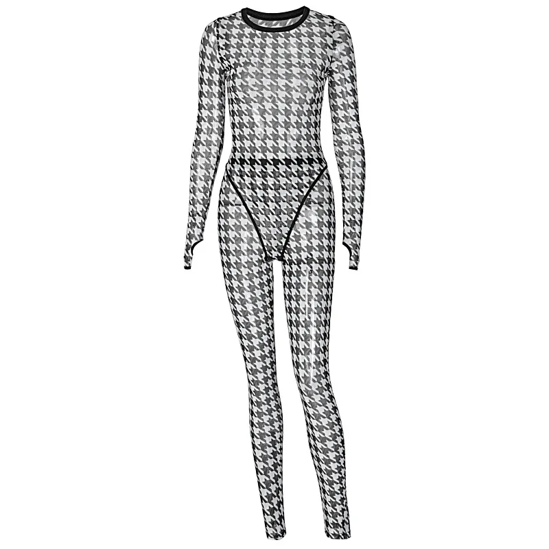 

Autumn Fashion Houndstooth Print Women 2 Piece Set Sexy Mesh Perspective Long Sleeve Bodysuit+High Waist Pants 2 Piece Set Women