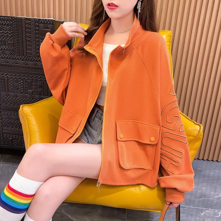 

Women's Stand Collar Short Coat New Korean Style Zipper Up Letter Printed Solid Color Casual Loose Autumn Winter Jackets Coats