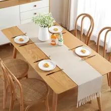 Camino de mesa decorativo de estilo nórdico para el hogar, banderín tejido con borlas de lino y algodón, de Color sólido, 1 pieza (3)