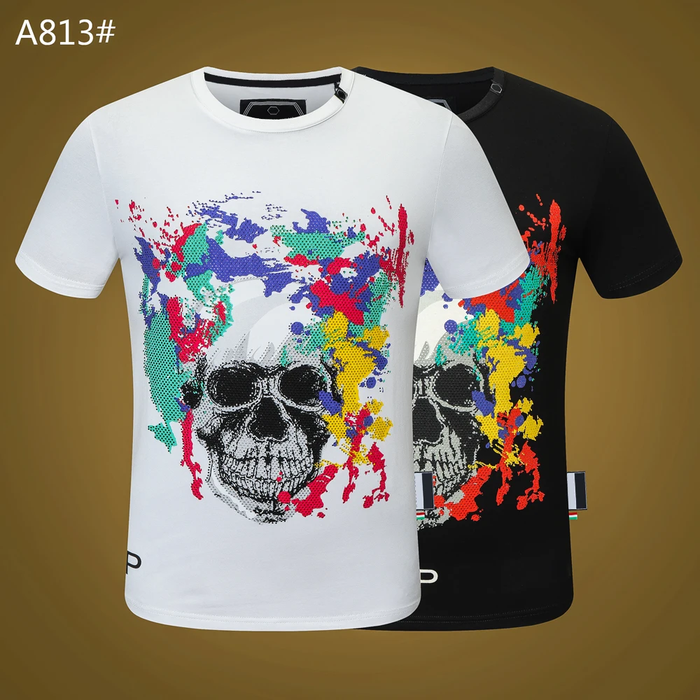 

Italian Brand Men T-shirt Black Round Neck Short-Sleeved Fashion Plein T-shirt Splash Color Skull Kurzarm Camiseta para hombre