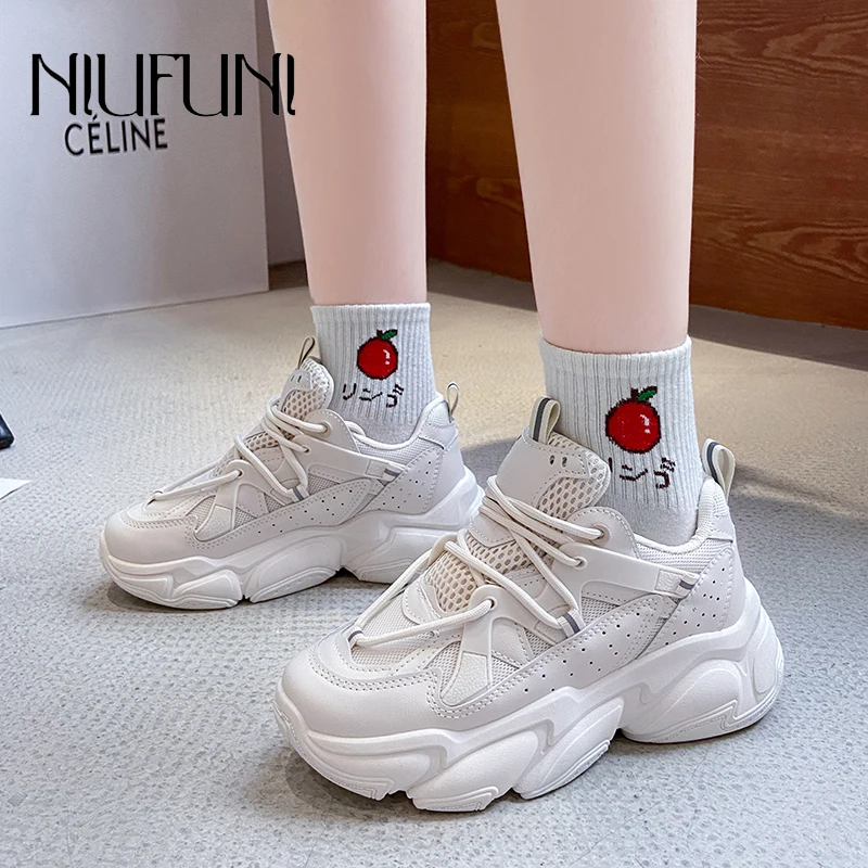 

NIUFUNI Platform Old Shoes Women's Sports Shoes Four Seasons Lace Up Casual Mesh Breathable Flat Sneakers Tennis Female Shoes