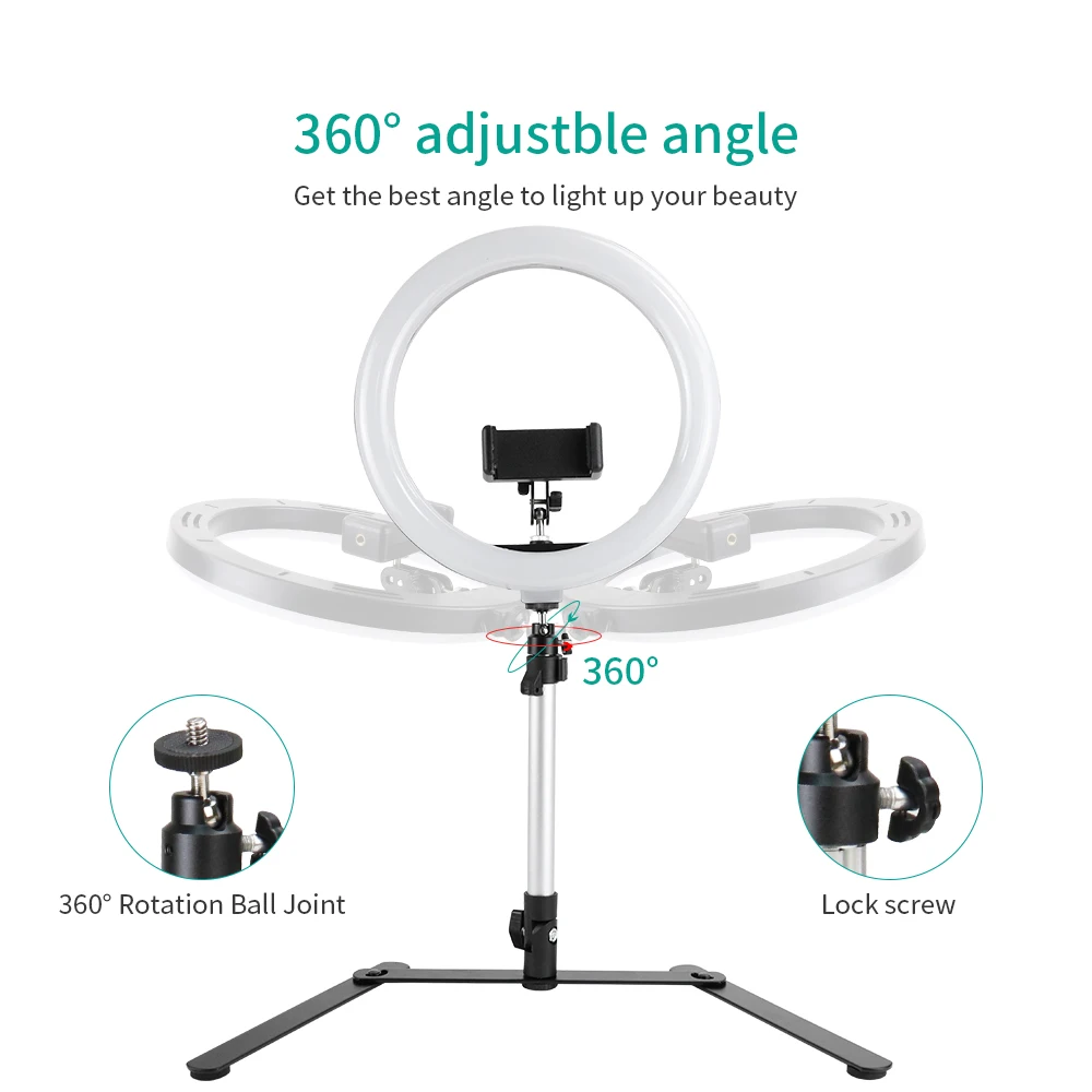 26cm 16cm led selfie ring light photography lighting ringlight with desk long arm phone holder for youtube live cook vlog lamp free global shipping