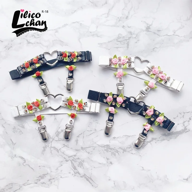 A Pair HEAVEN'S ROSE Punk Garter Belt Rivets Leg Ring Thigh Harness Heart Black PU Leather Vintage Suspenders Women Body Jewelry