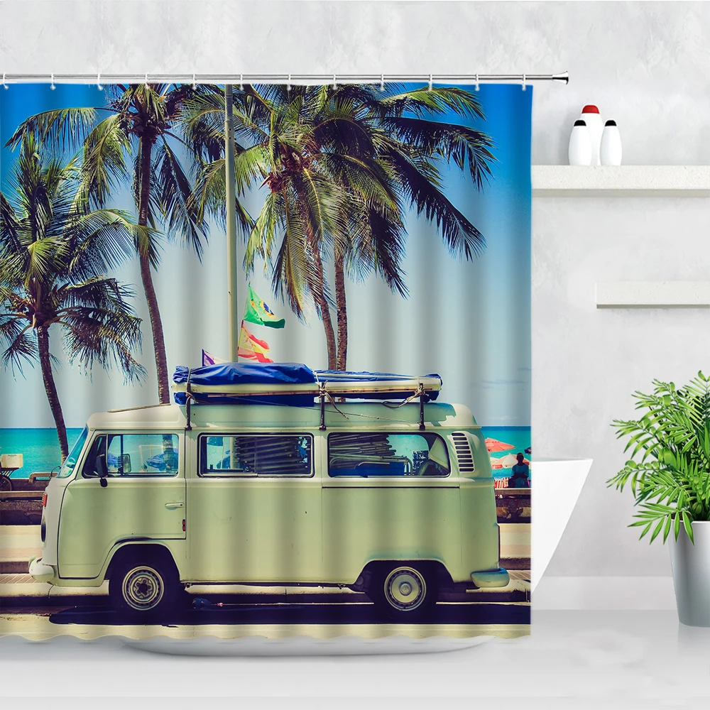 seaside scenery waterproof shower curtains surfboard car ocean wave tropical plant printed cloth bath decor bathroom curtain set free global shipping