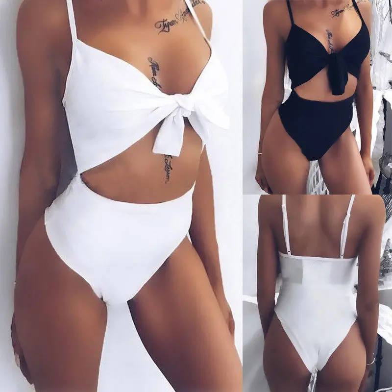 

Women Solid Color Spaghetti Straps Bikini, Bow Tie High Cut Swimwear, Sexy Swimsuit, Black/White, S/M/L/XL